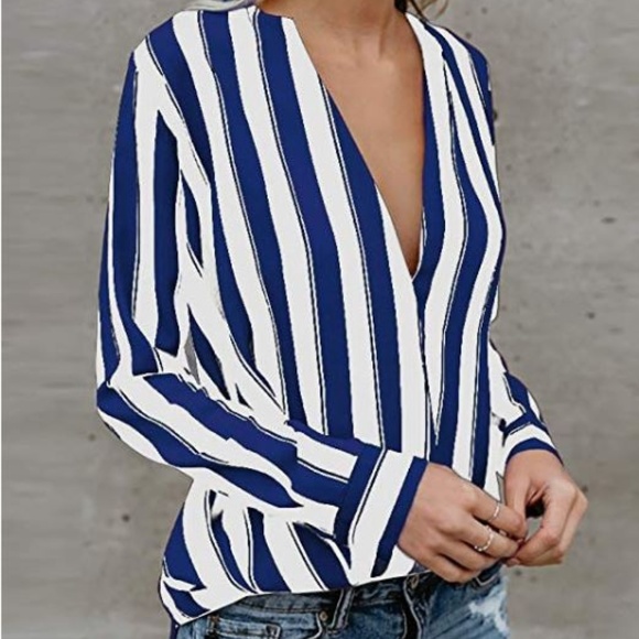 Deep V-Neck Loose Casual Blouse Small Royal Blue - Picture 4 of 4